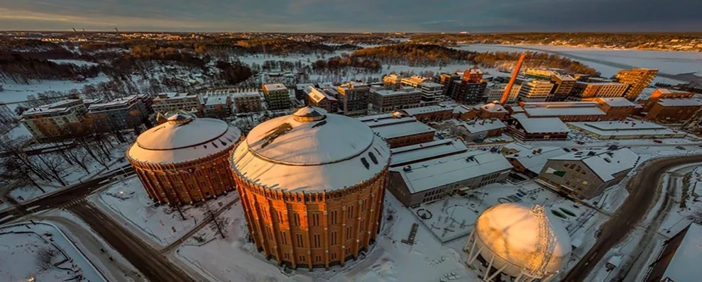 Flygvy över Gasklockorna i vintermiljö.